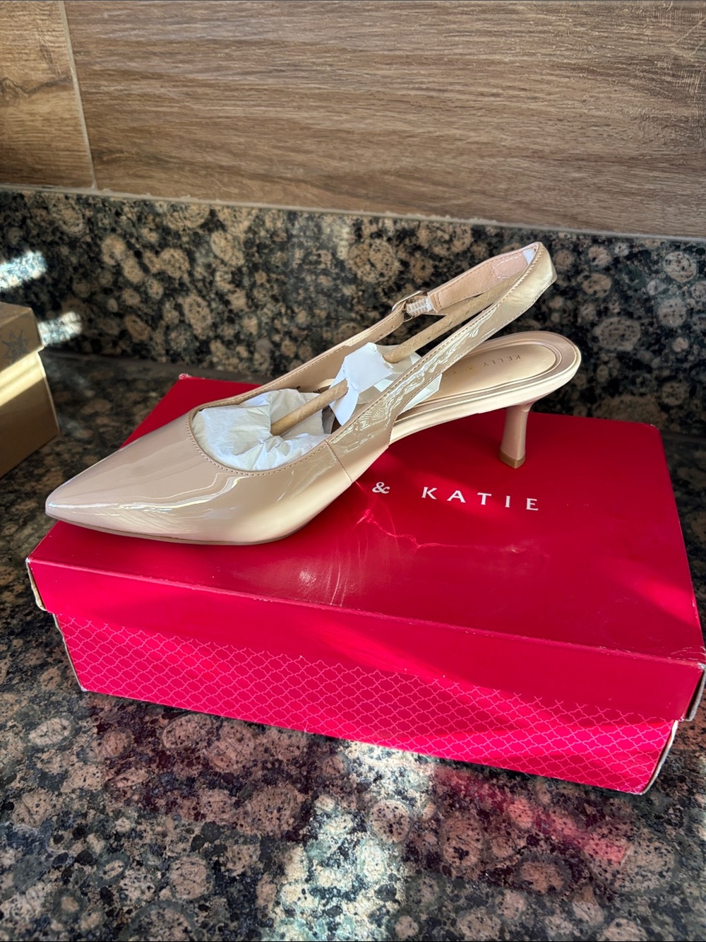 Kelly & Katie Nude Patent Pointed Slingback Kitten Heels